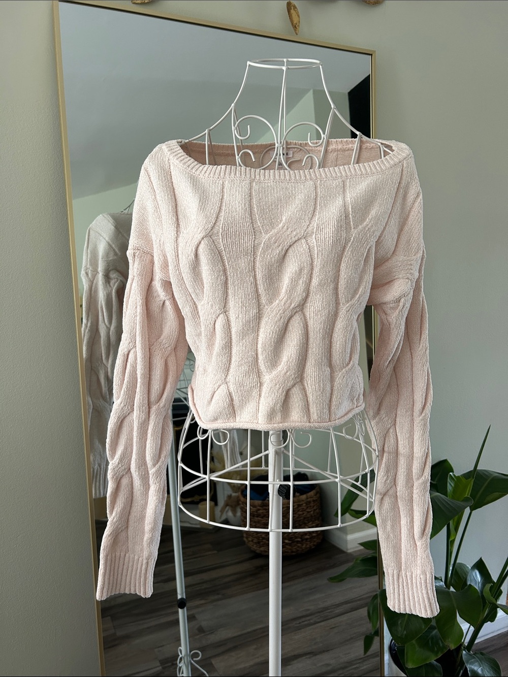 Garage Light Pink Cable-Knit Off-the-Shoulder Cropped Sweater